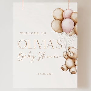 Editable We Can Bearly Wait Baby Shower Welcome Sign Teddy Bear Shower Poster Digital Download Printable Minimalist Girl Baby Shower Pink