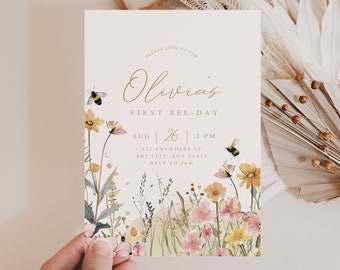 First Bee Day Birthday Invitation 1st Bee-Day Party Invite First Birthday Boho Invitation Bumble Bee Invite 1st Birthday Invite for Girl