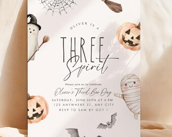 Editable Three Spirit Birthday Invitation Halloween 3rd Birthday Party Invite Third Birthday Trick or Three Instant Download Ghost 3 rd