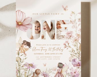 Fairy First Birthday Invitation Girl 1st Birthday Invitation Photo Birthday Invite 1 st Birthday Girl Whimsical Fairy Theme Digital Template