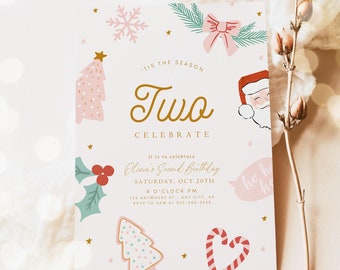 Second Christmas Birthday Invitation Girl, Pink Boho (Digital Download)