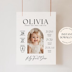 Modifiable Ma première année, premier anniversaire, bannière décorative, jalon, 1er anniversaire, statistique, bébé, bohème minimaliste, courbe de croissance neutre
