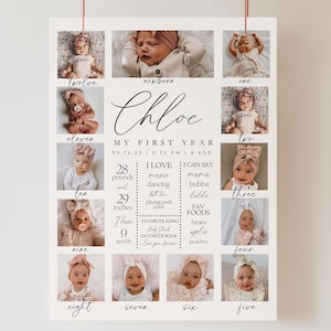 Modello minimalista per cartello fotografico del primo compleanno Poster del primo anno del bambino Stampabile Compleanno moderno Download immediato Poster fotografico del primo compleanno