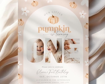 Editable First Birthday Our Little One is Pumpkin Invite 1st Birthday Invitation Girl Fall Boho Halloween Digital Download Printable Daisy