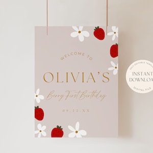 Berry First Birthday Welcome Sign 1st Birthday Welcome Poster Girl Birthday Strawberry Birthday Sign Digital Download Editable Template Boho