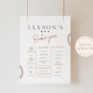 Panneau d'étape de l'année recrue auto-modifiable Ma première année, premier anniversaire, affiche déco, tableau de croissance pour le 1er anniversaire, anniversaire de baseball minimaliste