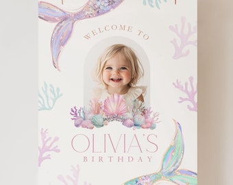 Editable Mermaid Birthday Welcome Sign ANY AGE Birthday Welcome Poster Under the Sea Theme Girl Digital Template Instant Download Pastel