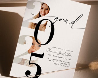 May include: A white graduation announcement featuring the word "grad" in script. The numbers "2025" are prominent, with photos of a smiling person and a child. The text reads "Olivia's Graduation" and includes event details.