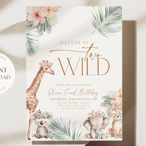 Editable Two Wild Second Birthday Invitation Safari 2nd Birthday Invitation Jungle Birthday Invitation Party Animals Boho 2nd Birthday Evite