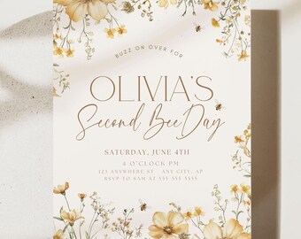 Editable 2nd Birthday Invitation Birthday Girl Bumble Bee Party Sweet to Bee Two Second Birthday Invitation Digital Download Template Boho
