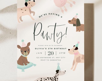 Puede incluir: Una invitación rosa y blanca con un diseño de huella de pata. El texto dice "We're having a Pawty!" e incluye detalles para el cumpleaños número 5 de Olivia. La invitación presenta ilustraciones de perros con sombreros de fiesta.