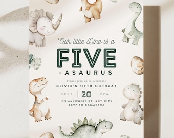 Editable Dinosaur 5th Boy Birthday Invitation Dino Fifth Birthday Digital Printable Invite Five-asaurus Boho Minimalist Instant Download