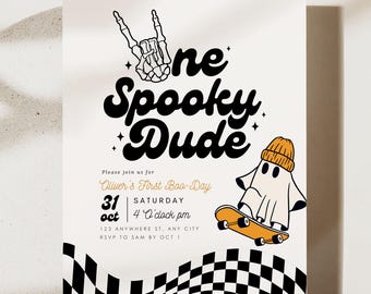 Editable One Spooky Dude Birthday Invitation Halloween Boy 1st Birthday Invite First Birthday Instant Download Spooky One Skateboard Ghost