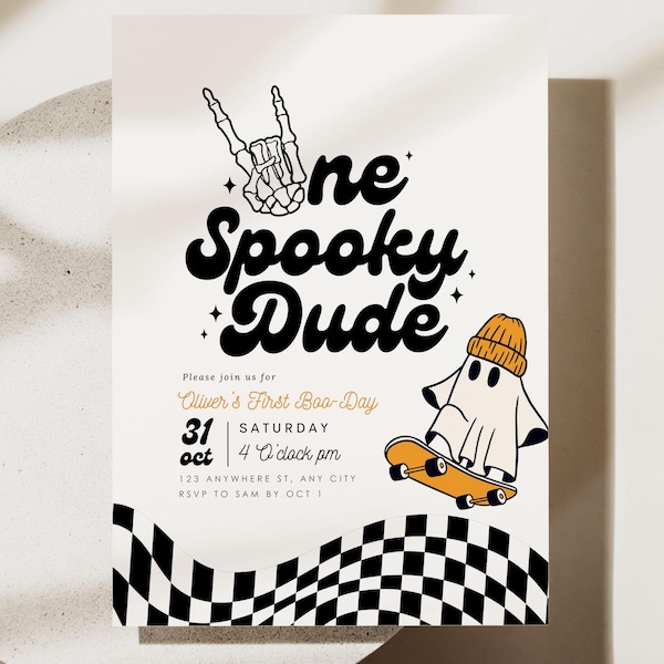 Editable One Spooky Dude Birthday Invitation Halloween Boy 1st Birthday Invite First Birthday Instant Download Spooky One Skateboard Ghost