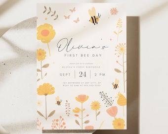 First Bee Day Birthday Invitation 1st Bee-Day Party Invite First Birthday Boho Invitation Bumble Bee Invite 1st Birthday Invite for Girl