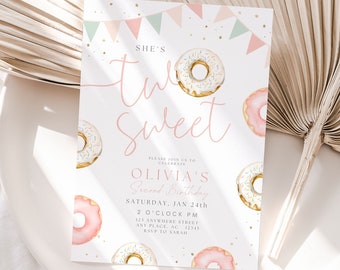 Two Sweet Second Birthday Invite 2nd Birthday Invitation Donut Party Theme Boho 2 year old party theme Digital Printable Invitation Template