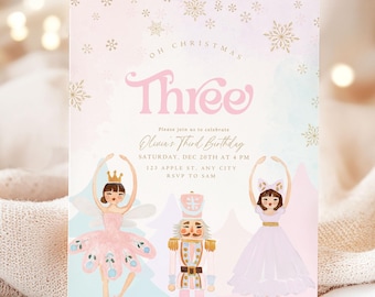 Editable Third Birthday Christmas 3rd Birthday Xmas Invite Instant Download Digital Template Winter Birthday Pink Nutcrakcker Three Year Old