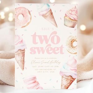 Edtiable Two Sweet Second Birthday Invite 2nd Girl Birthday Invitation Birthday Digital Printable Template Dessert Donut Ice Cream Candy