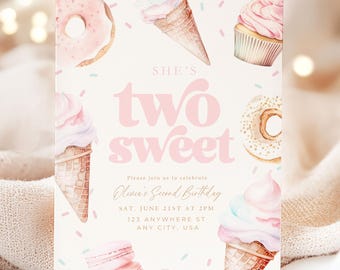 Edtiable Two Sweet Second Birthday Invite 2nd Girl Birthday Invitation Birthday Digital Printable Template Dessert Donut Ice Cream Candy