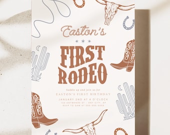 Editable First Rodeo Birthday Invitation Boy Rodeo 1st Birthday Invite Cowboy Western Birthday Invite Rodeo 1 st Birthday Retro Wild West