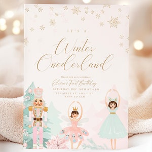 Puede incluir: Una tarjeta de invitación rosa y azul con un tema de invierno mágico. Presenta un cascanueces, una bailarina y un diseño de copo de nieve. El texto de la tarjeta dice "It's a Winter Onederland" y "Olivia's First Birthday".
