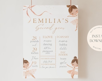 May include: A printable second birthday milestone chart for a girl. The chart features a pink and gold color scheme with a ballerina theme. It includes information about the child's weight, height, favorite foods, and things they can say. The text on the chart reads "Emilia's Second Year".