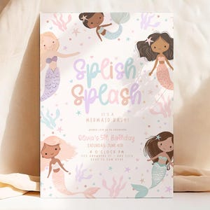 Editable Mermaid Birthday Invitation, Mermaid Bash Under the Sea Birthday Invite Girl Birthday Party Pink Pastel Any Age Sea Ocean Theme