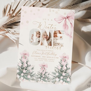 Editable Winter ONEderland Birthday Invitation Christmas Boho Girl 1st Birthday Holiday Party Instant Download Xmas 1 st Onederful Boho Pink