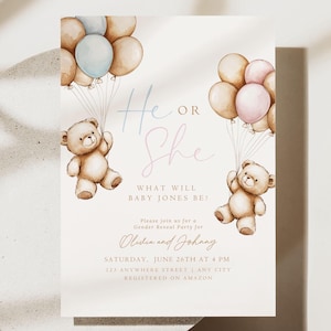 Editable Gender Revel Bear Baby Shower Invitation Girl Boy We Can Bearly Wait Baby Shower Invite Pink Blue Boho Bear Shower Cute Digital