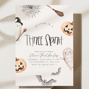 May include: A Halloween-themed invitation for a child's birthday party. The invitation features a watercolor illustration of a ghost, a mummy, a bat, a pumpkin, and a broom. The text on the invitation reads "Oliver is a Three Spirit" and "Oliver's Third Boo Day".