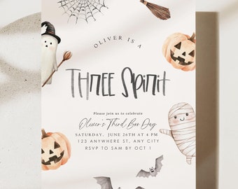 Editable Three Spirit Birthday Invitation Halloween 3rd Birthday Party Invite Third Birthday Trick or Three Instant Download Ghost 3 rd