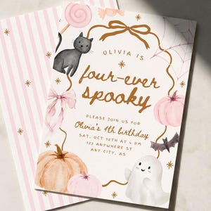 May include: A rectangular birthday invitation card featuring a watercolor illustration of a black cat, a white ghost, pumpkins, a lollipop, and a spiderweb. The text reads: Olivia is four-ever spooky, please join us for Olivia's 4th birthday.