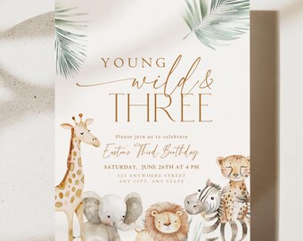 Editable Wild and Three Boy Birthday Invitation Safari Animal Birthday Invitation 3rd Birthday Invite Third Birthday Jungle Boho 3 rd Evite