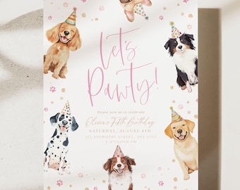 Könnte beinhalten: Eine Party-Einladung mit dem Text "Let's Pawty!" in rosa Schrift, umgeben von Illustrationen von Hunden mit Partyhüten. Die Einladung enthält Details für eine fünfte Geburtstagsfeier.
