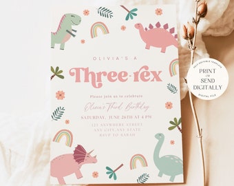 Editable Three Rex Invitation Girl Dinosaur birthday invitation Three rex birthday Three rex invite Printable Template Instant Download Boho