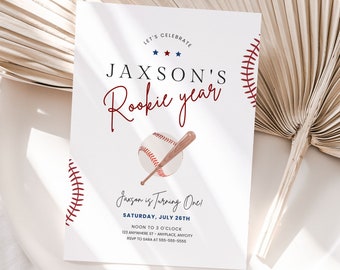 Rookie Year First Birthday Invitation Digital Template Sports 1st Birthday Invitation for Boy Printable Baseball First Birthday Invitation