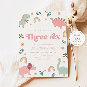 Editable Three Rex Invitation Girl Dinosaur birthday invitation Three rex birthday Three rex invite Printable Template Instant Download Boho