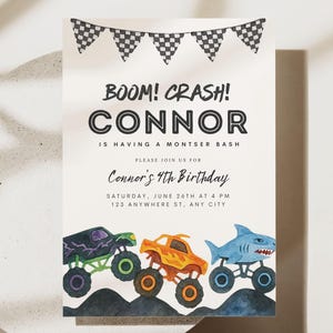 May include: A birthday invitation with the text "BOOM! CRASH! CONNOR" and "Connor's 4th Birthday". The invitation features illustrations of three monster trucks in purple, orange, and blue, with a checkered flag banner at the top.