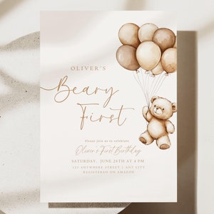 Editable Beary First Birthday Invitation 1st Birthday Teddy Bear Invite 1 st Birthday Party Invite Digital Print Instant Download Minimalist