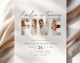 Editable Fifth Birthday Invitation 5th Birthday Party Invite Minimalist Boho 5 th Boy Birthday Girl Birthday Instant Digital Download Five