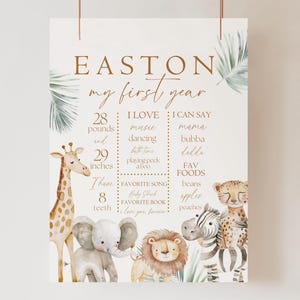Editable Wild One Birthday Milestone Sign Safari Jungle Animal Growth Chart Poster Party Decor Printable Instant Download Boy 1st Birthday