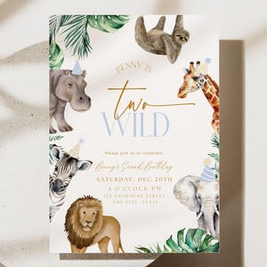 Editable Two Wild Boy Second Birthday Invitation Safari 2nd Birthday Invitation Jungle Birthday Invitation Party Animals Boho Blue Evite
