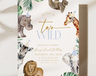 Editable Two Wild Boy Second Birthday Invitation Safari 2nd Birthday Invitation Jungle Birthday Invitation Party Animals Boho Blue Evite