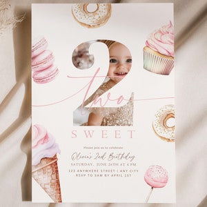 Editable Two Sweet Second Birthday Party Invite 2nd Birthday Invitation Donut Party Theme 2 year old Digital Printable Invitation Template