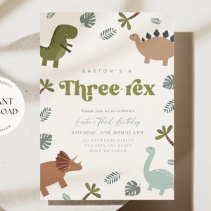 Editable Three Rex Boy Birthday Invitation Dinosaur 3rd Birthday Theme Invite Boho Minimalist Digital Printable Invite Dino 3 rd Birthday