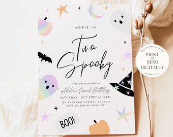 Editable Two Spooky Birthday Invitation Halloween 2nd Birthday Party Invite Second Birthday Instant Download Retro Ghost Pastel Boho Cute