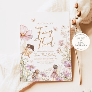 Fairy Third Birthday Invitation Digital Third Birthday Invite for Girl 3rd Birthday Fairy Editable Instant Downlaod Invitation 3 rd Boho