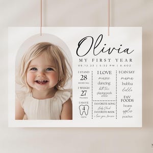 Modèle minimaliste de signe de statistiques pour le premier anniversaire Affiche moderne imprimable pour la première année de bébé en téléchargement immédiat, courbe de croissance pour le 1er anniversaire