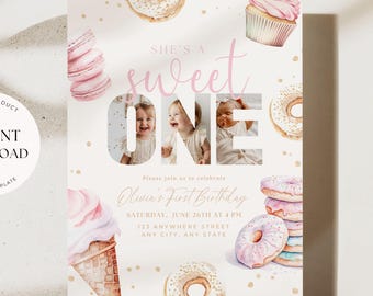EDITABLE Sweet One Birthday Invite for Girl First Birthday Invitation for Girl She's a Sweet One 1st Birthday Invitation Donut Theme Photo