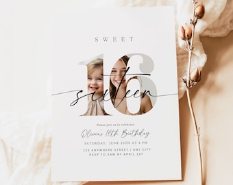 Editable Sweet Sixteen Birthday Invitation 16th Birthday Invite Template Sixteenth Birthday Party Minimalist Boho Digital Download Printable